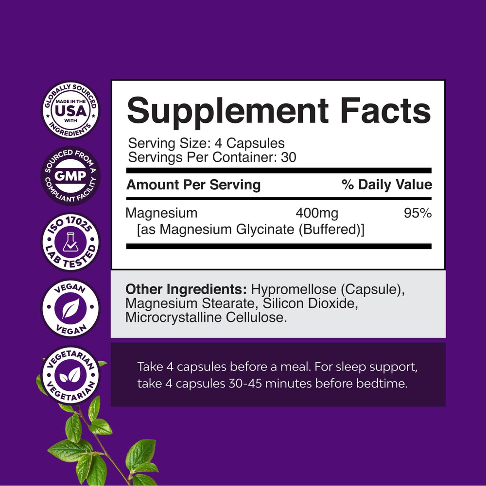Natures Craft magnesium glycinate capsules close-up highlights vegan high absorption formula.
