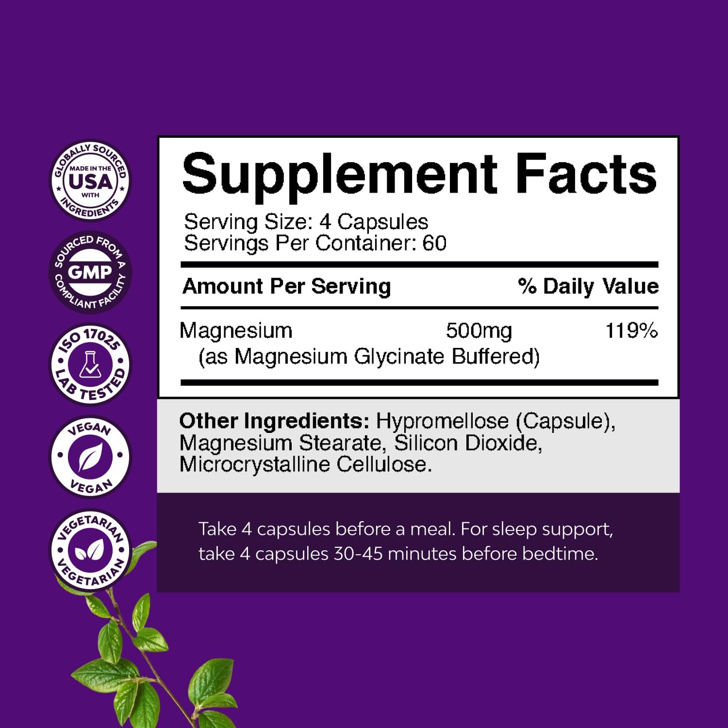 Natures Craft magnesium glycinate capsules pour showing four-capsule daily serving for balance