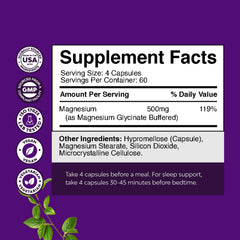 Natures Craft magnesium glycinate capsules pour showing four-capsule daily serving for balance