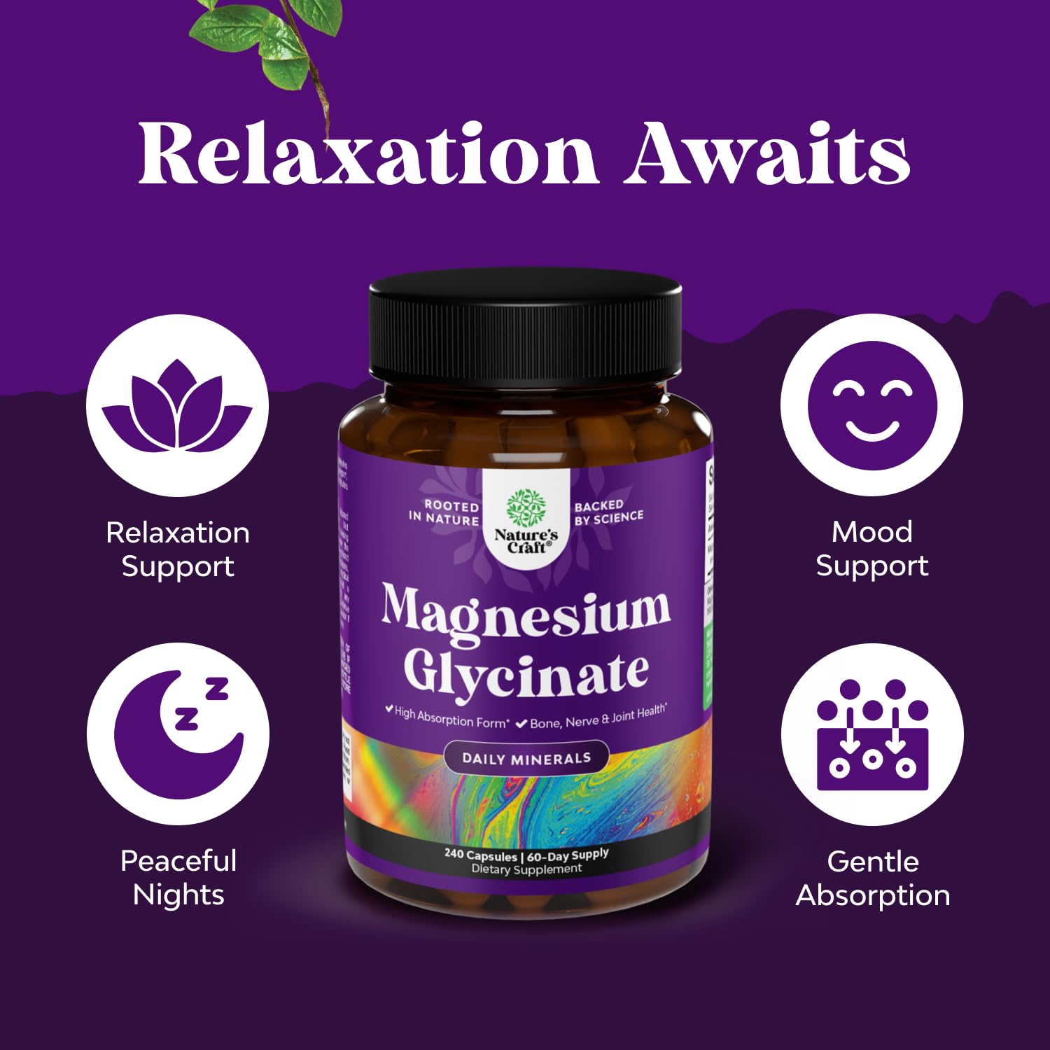 Natures Craft label close-up highlighting vegan buffered formula gentle on the stomach