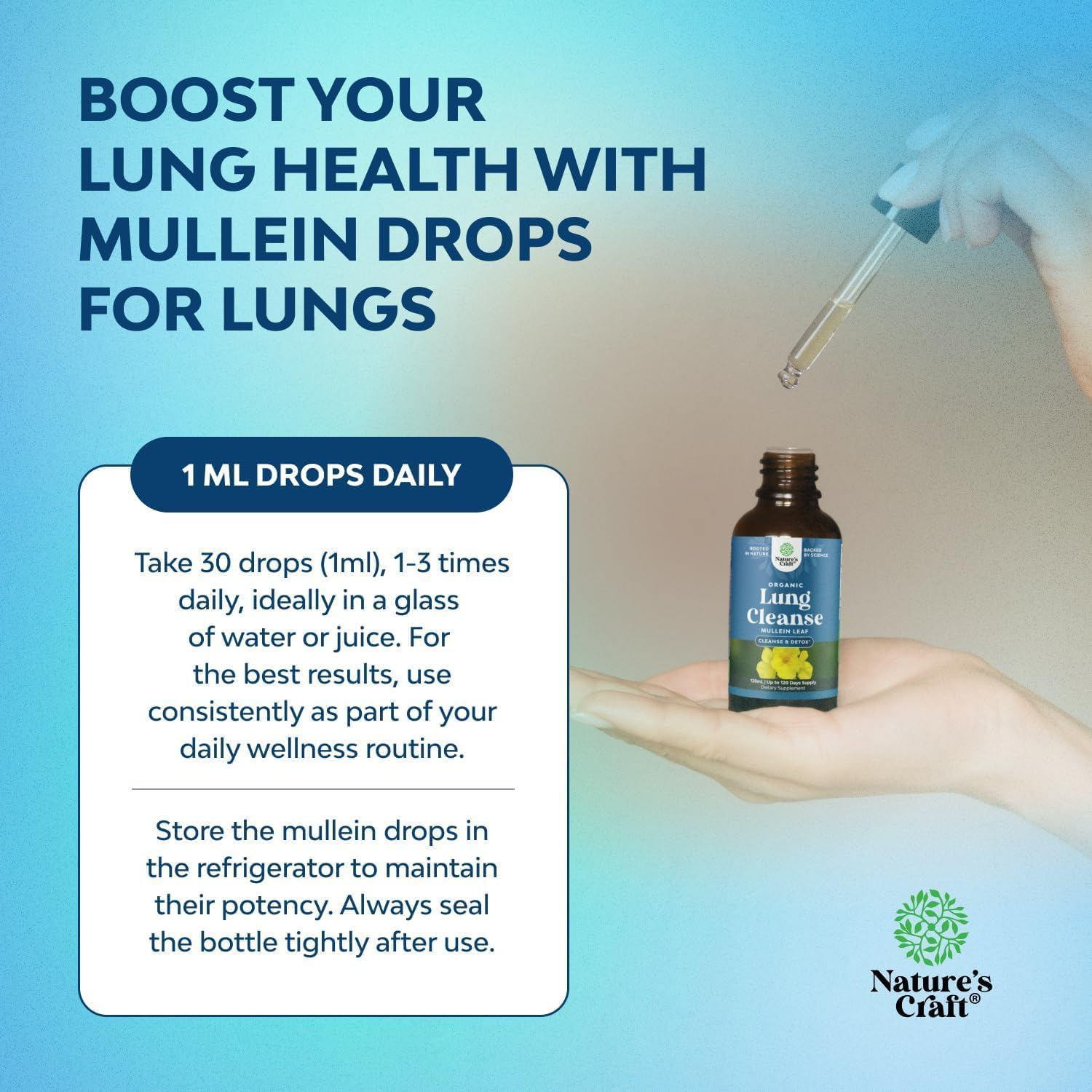 Natures Craft Mullein Drops organic blend supports respiratory balance.