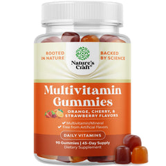 Natures Craft multivitamin gummies for adults bottle on table for daily wellness.