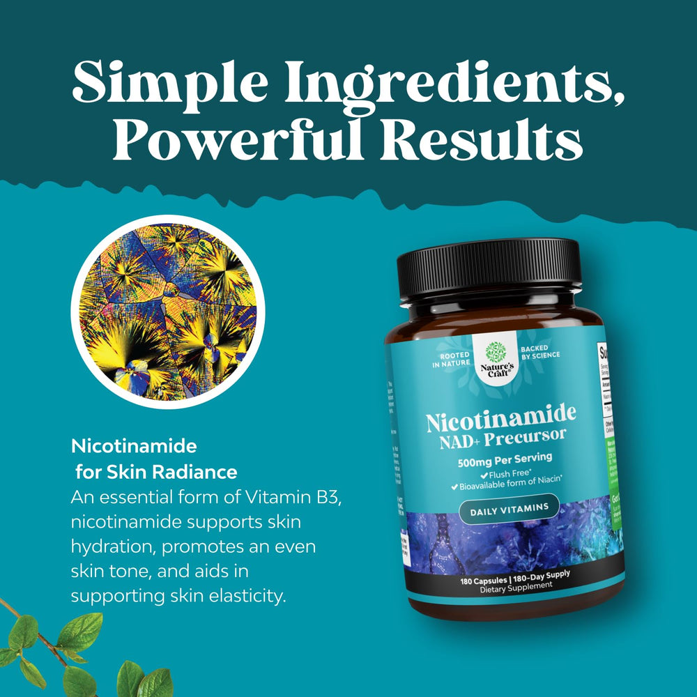 Natures Craft Niacinamide 500mg bottle with glass of water for easy intake.