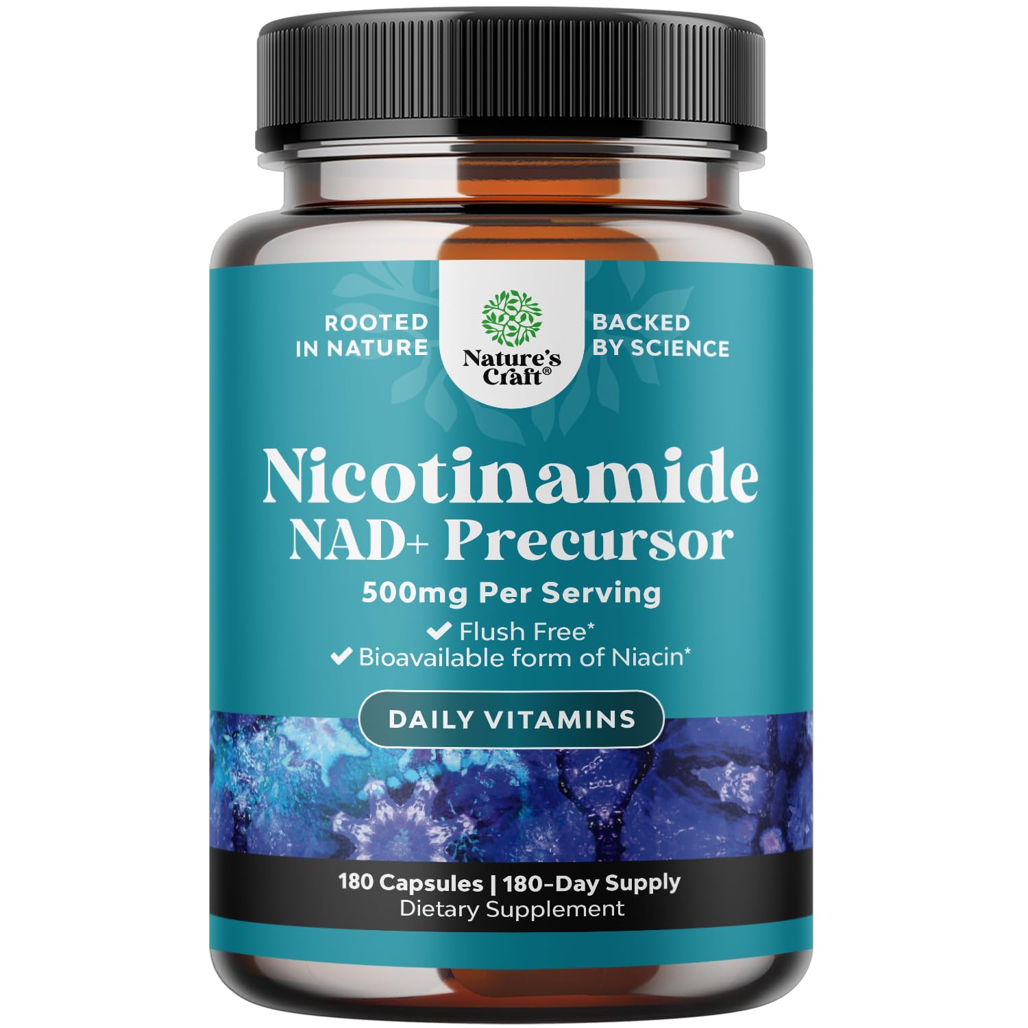 Natures Craft Niacinamide 500mg capsules front view for daily energy support.
