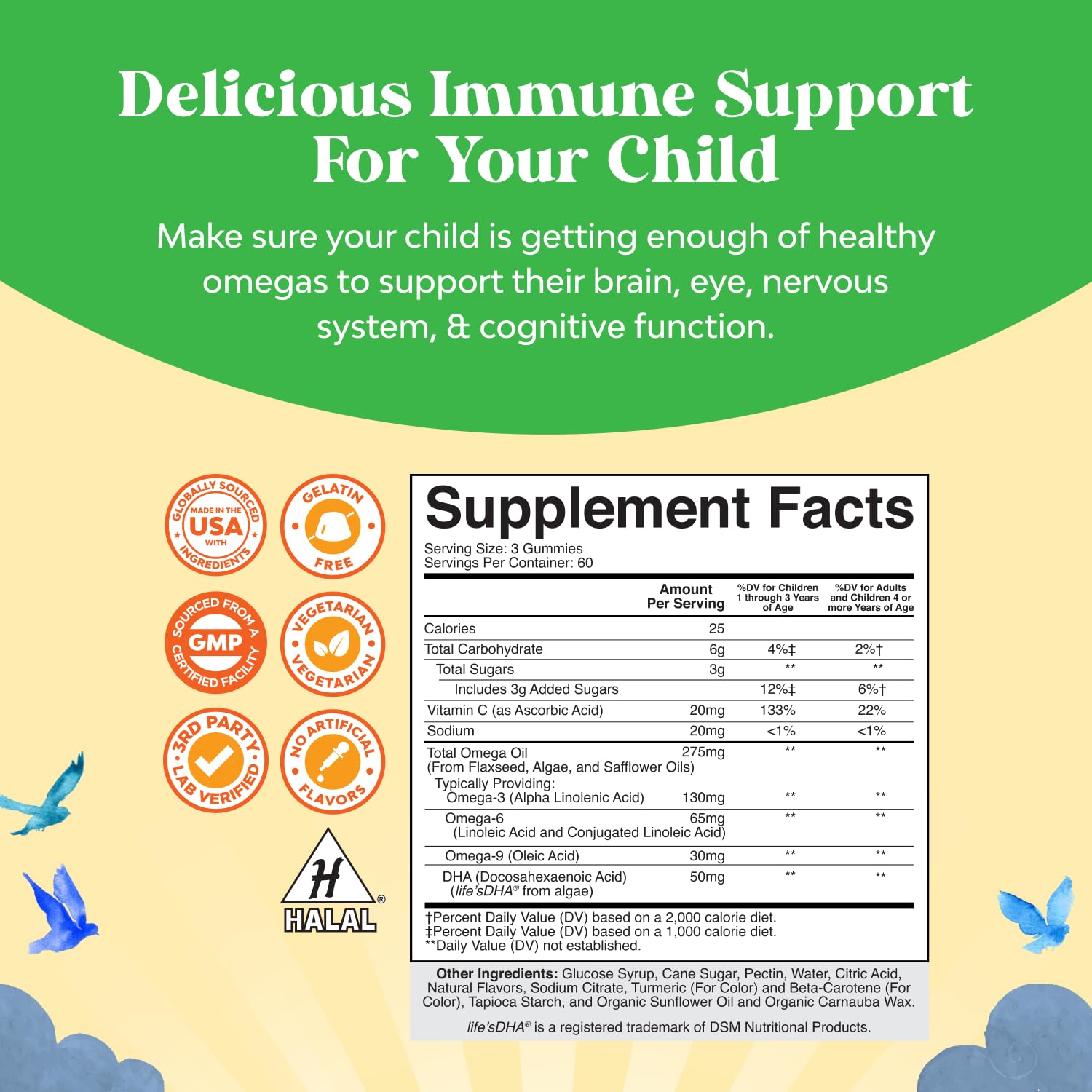 Closeup of Natures Craft Omega DHA Kids gummies with fruity flavor and soft, chewable texture.
