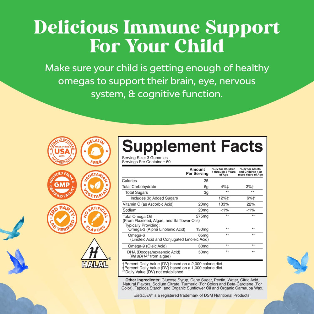 Closeup of Natures Craft Omega DHA Kids gummies with fruity flavor and soft, chewable texture.