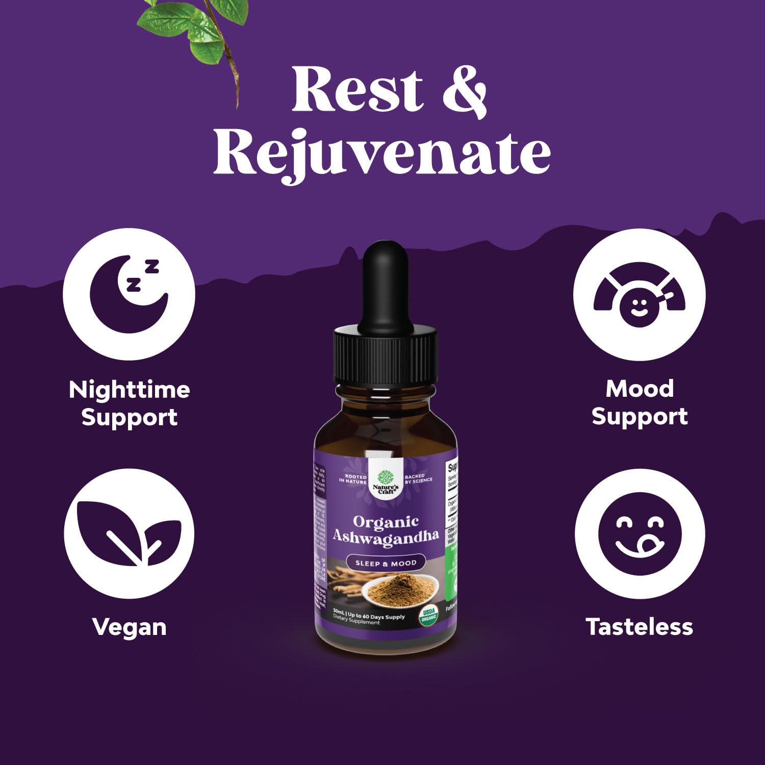 Natures Craft Organic Ashwagandha extract bottle label highlights vegan ingredients.