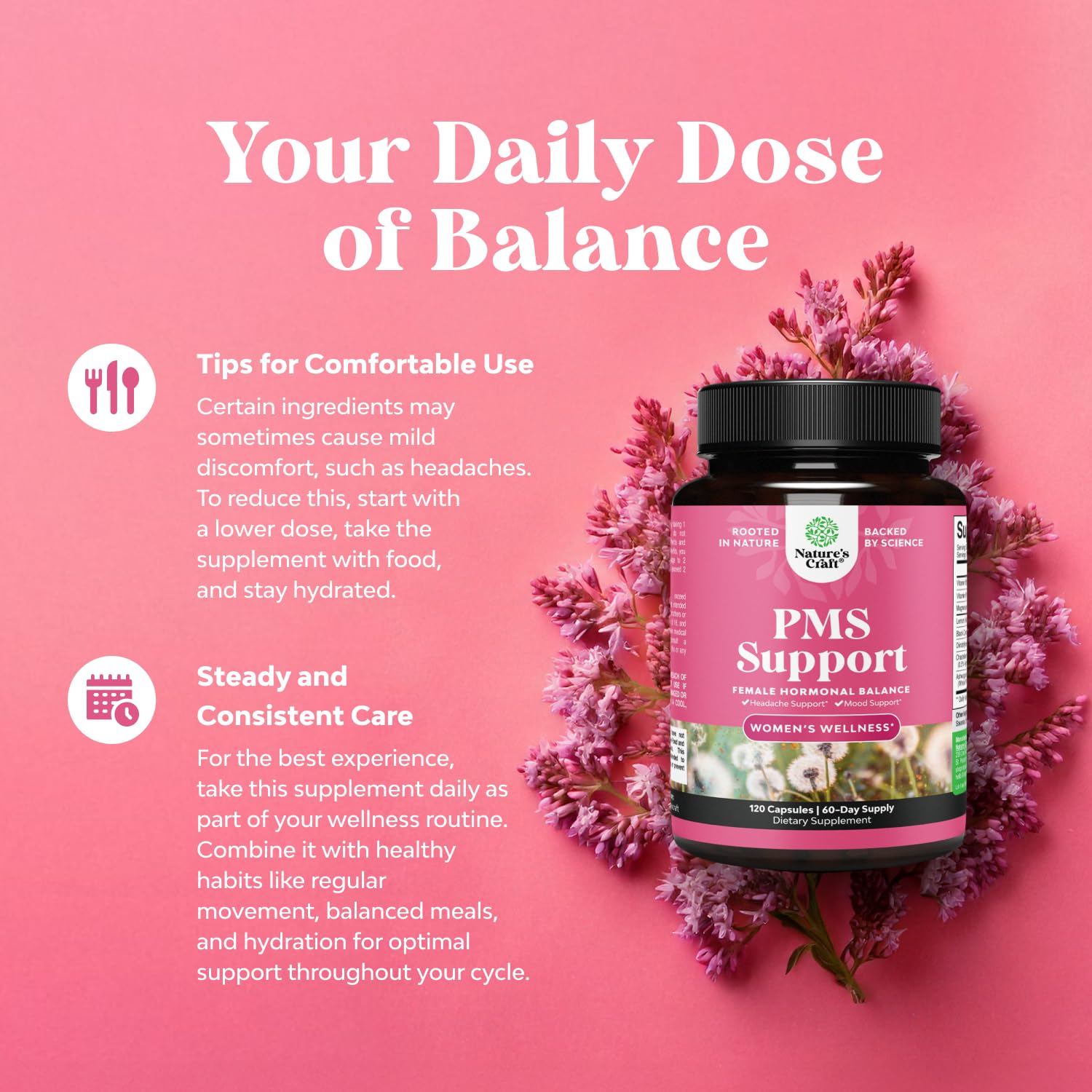 Nature's Craft PMS Support bottle back shows ingredients and usage directions.