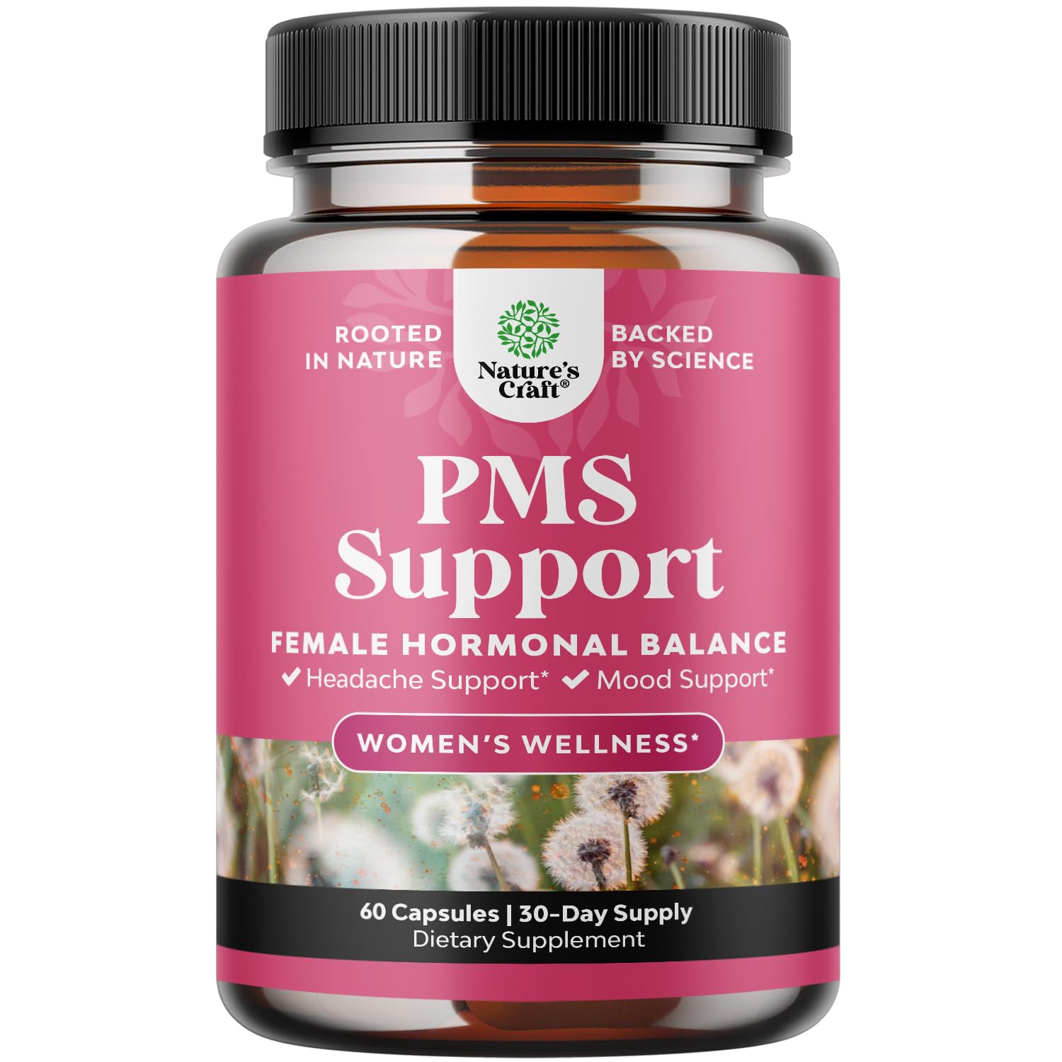 Natures Craft PMS Support bottle shows the balanced blend for hormonal harmony and cycle comfort.
