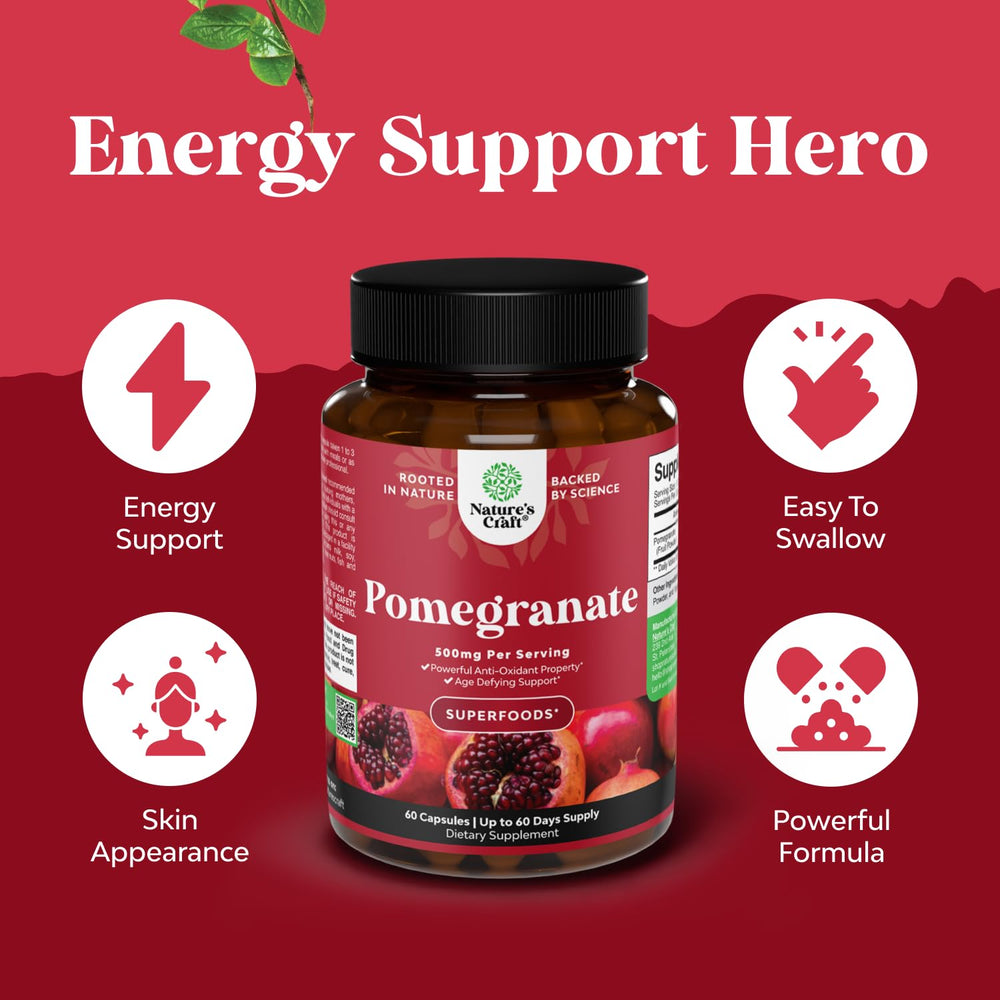 Nature's Craft pomegranate label closeup with polyphenols and essential vitamins