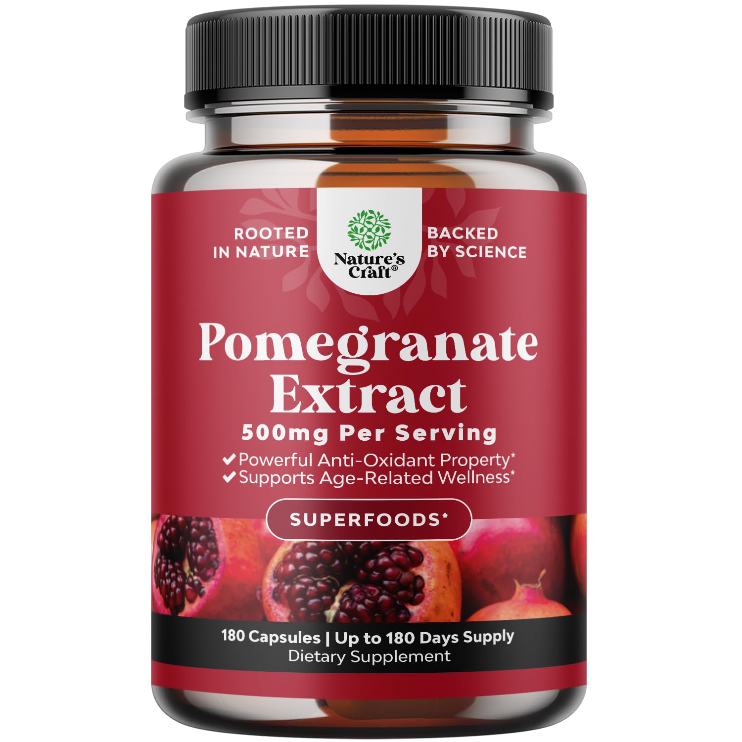 Natures Craft pomegranate supplement bottle showcases real fruit benefits for daily vitality