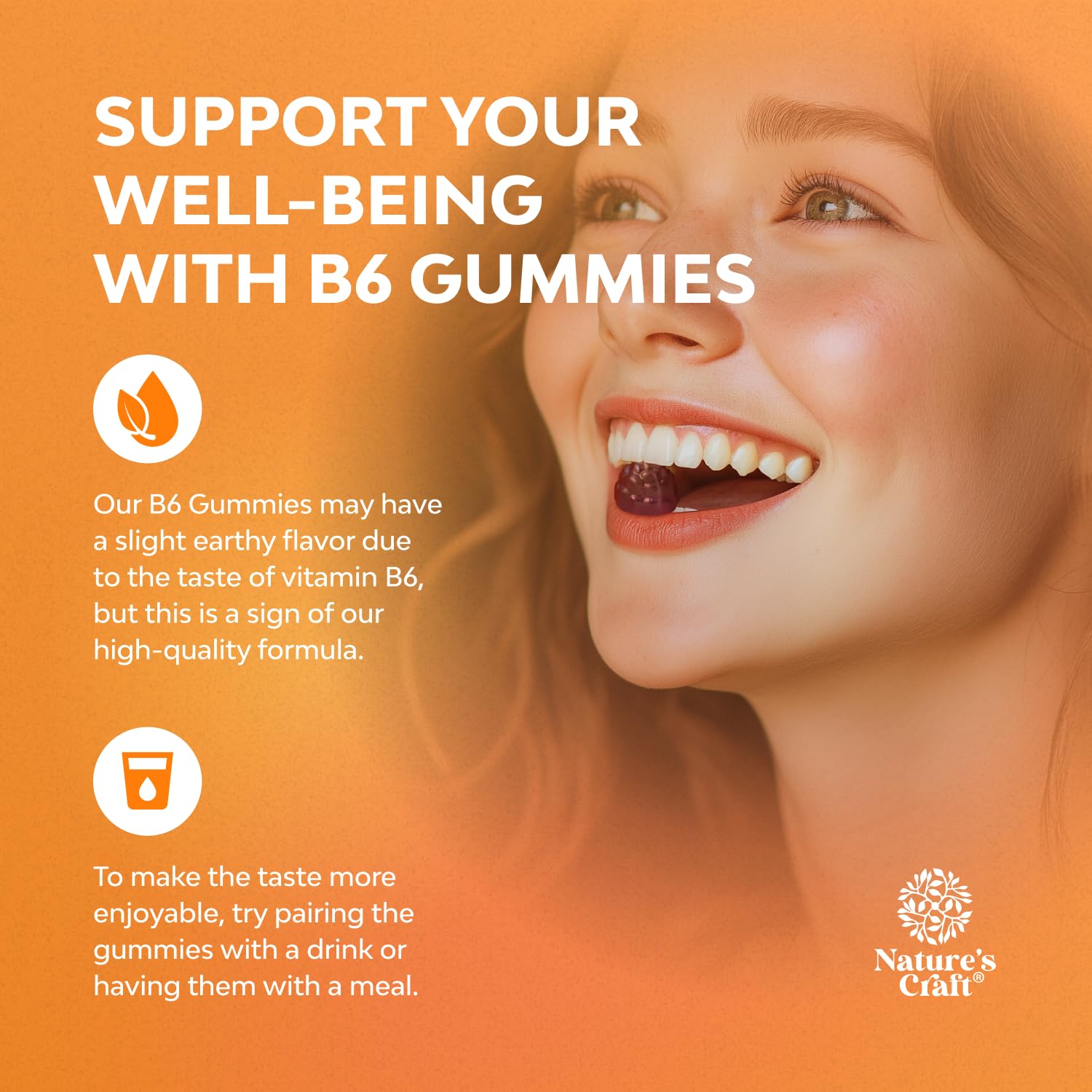 Natures Craft Potent B6 Gummies on white plate – fruity taste for everyday wellness.