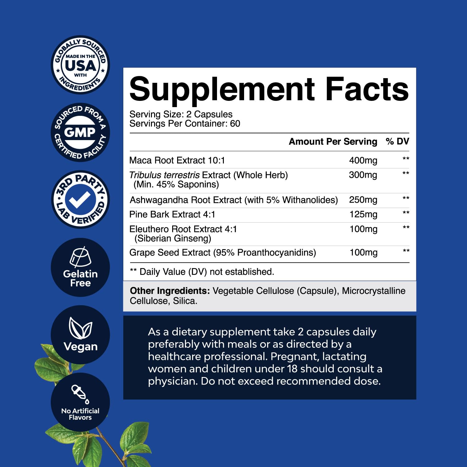 Nature's Craft Black Maca capsules label showing vegan, non-GMO promise.