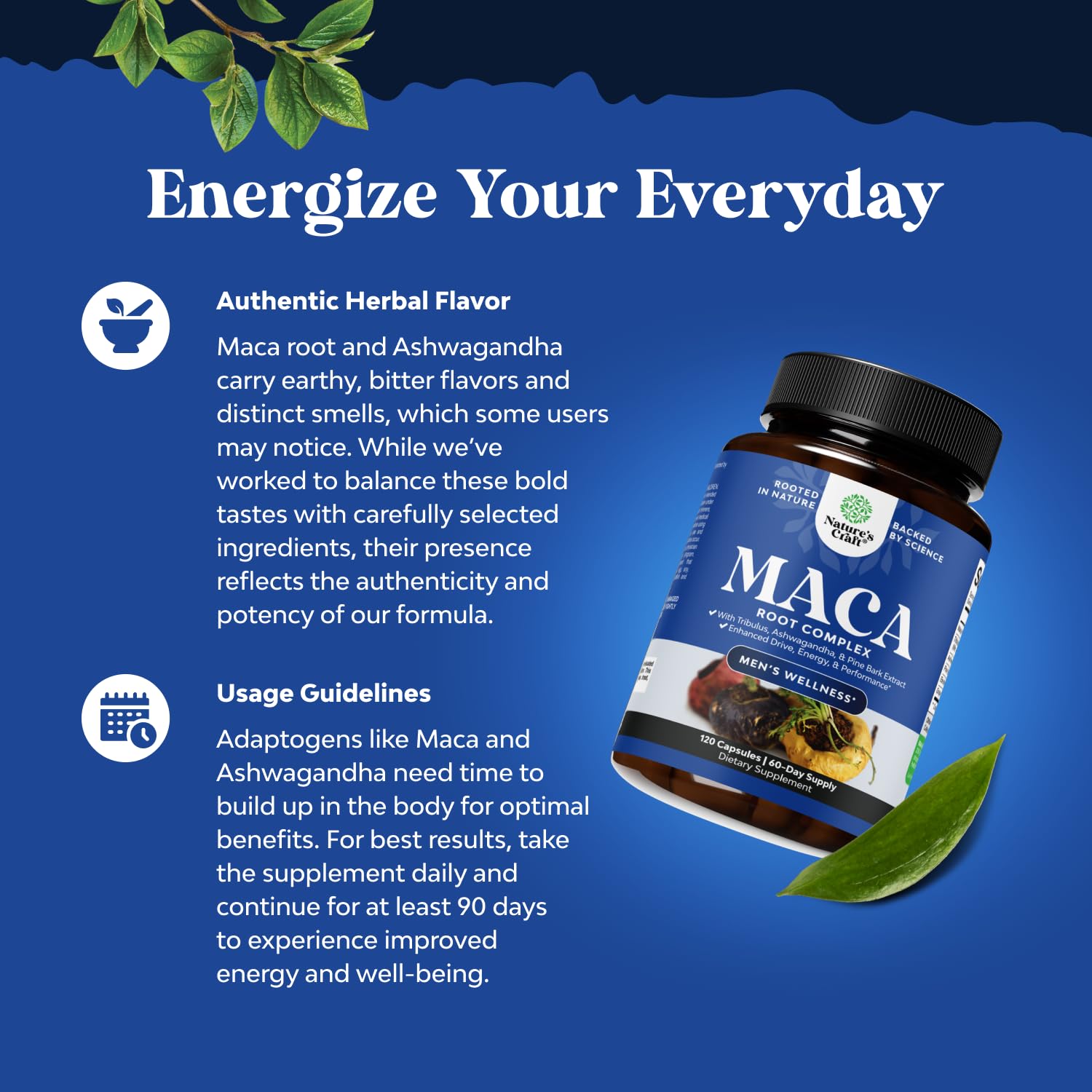 Nature's Craft Black Maca capsules pour for easy daily dosing.