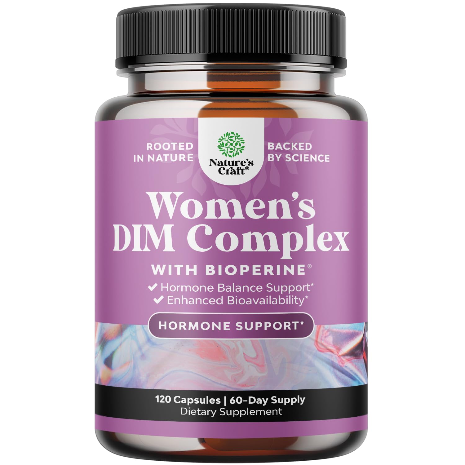 Nature's Craft Potent DIM supplement bottle front for daily hormone balance possibilities.