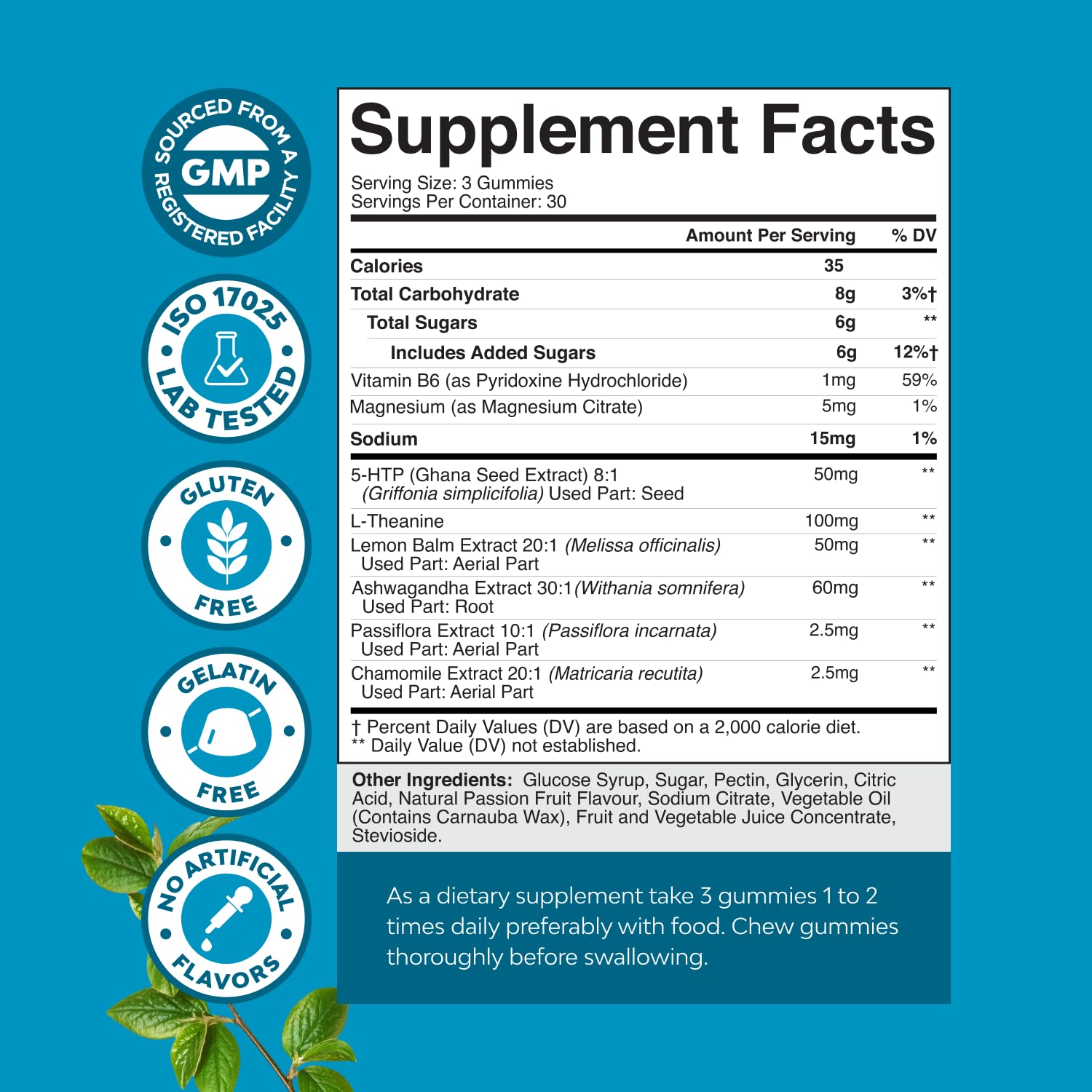 Natures Craft Pure Calm label close-up shows magnesium citrate and herbal blend for daytime calm.