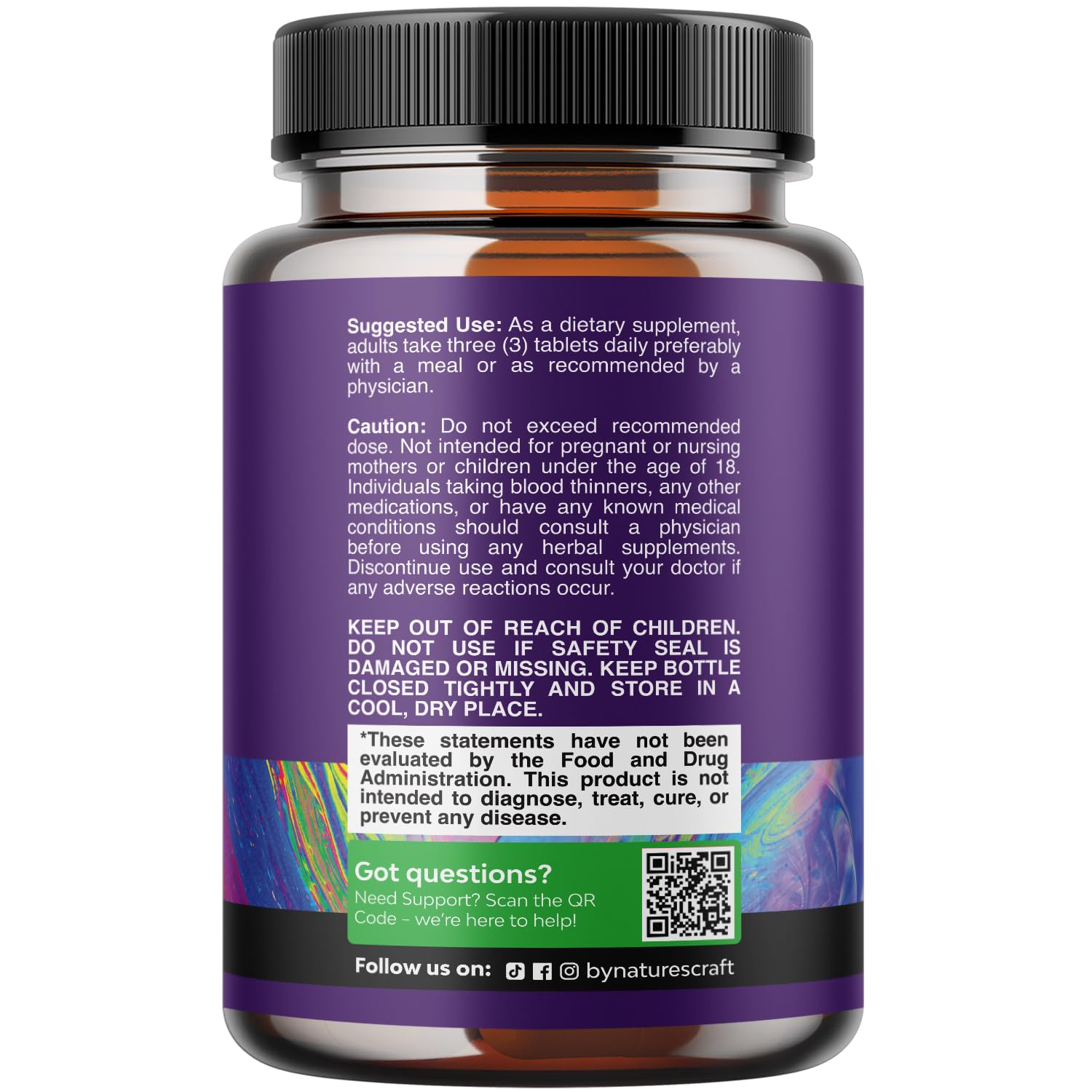 Close up of Natures Craft Pure Calm label showing magnesium glycinate and ashwagandha