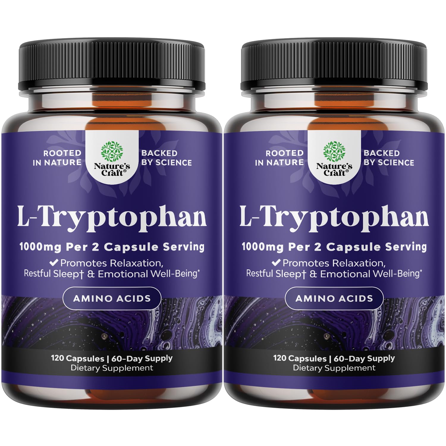 Natures Craft Pure L-Tryptophan 1000mg capsules label closeup highlighting purity