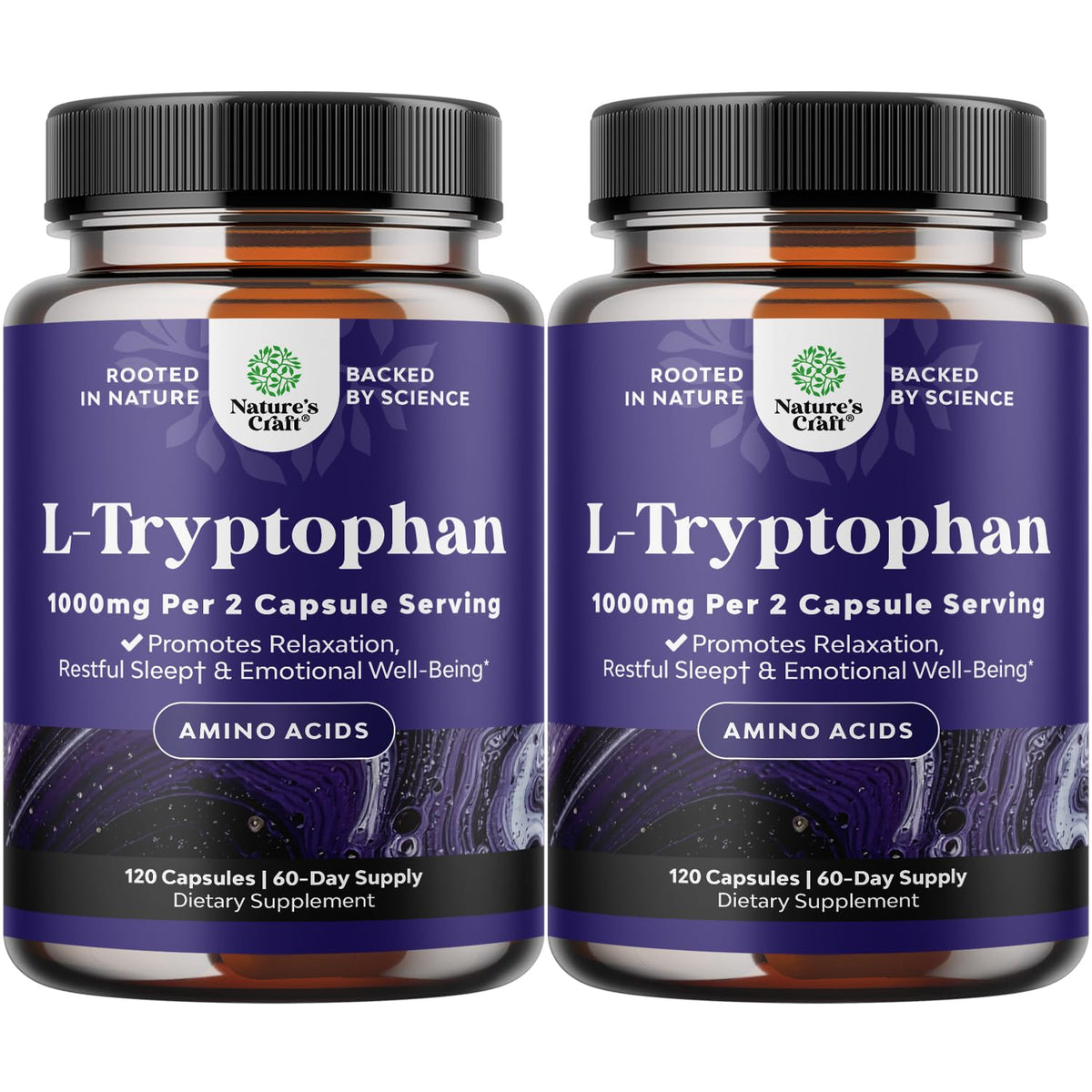 Natures Craft Pure L-Tryptophan 1000mg capsules label closeup highlighting purity