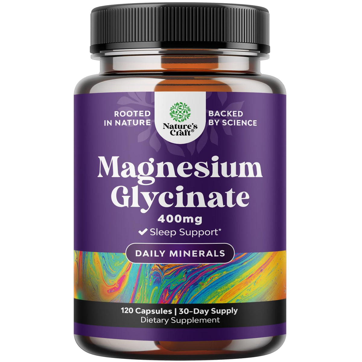 Natures Craft pure magnesium glycinate bottle shows 400 mg per serving for daily support.