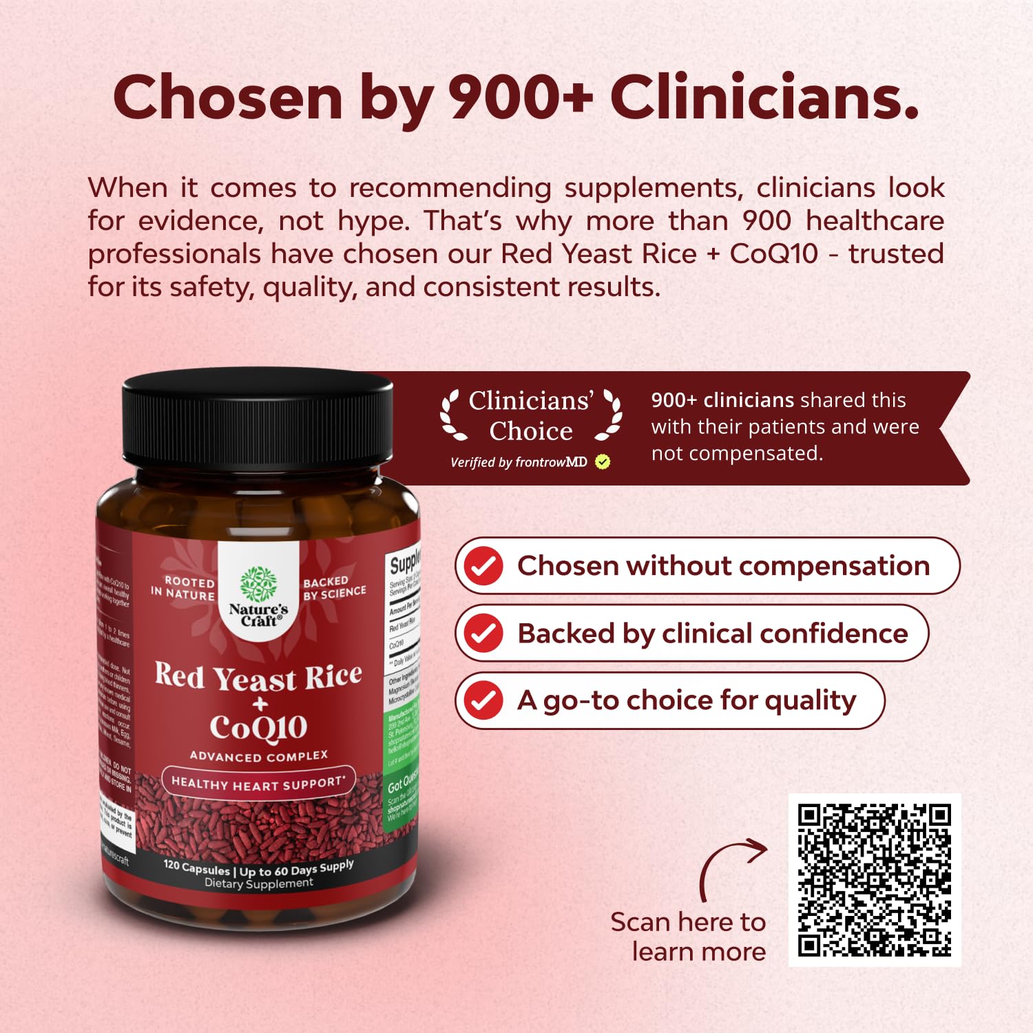 Closeup of Natures Craft red yeast rice capsules signaling premium, high-potency heart health nutrition.
