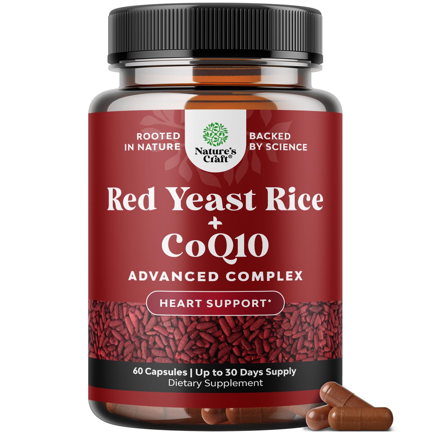 Natures Craft Red Yeast Rice with CoQ10 bottle highlights premium heart health blend.