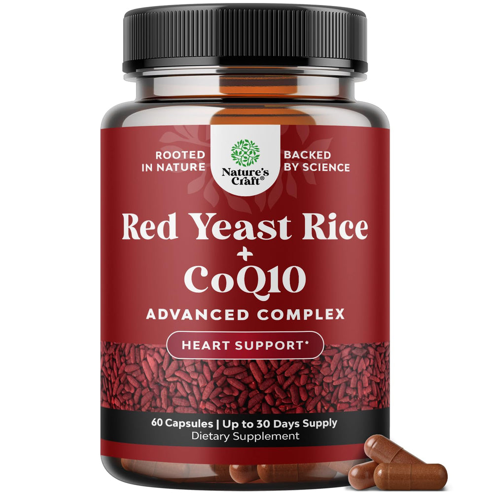 Natures Craft Red Yeast Rice with CoQ10 bottle highlights premium heart health blend.