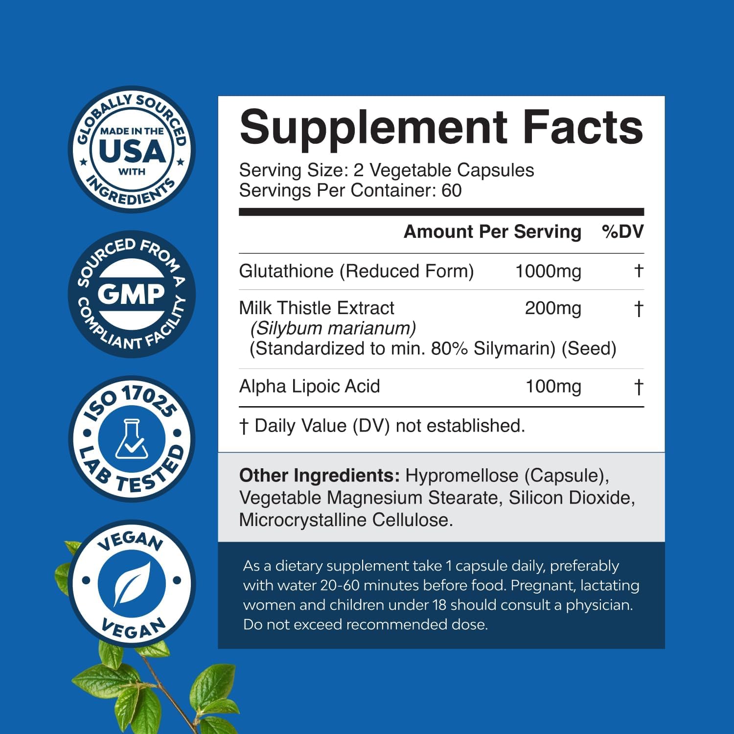Natures Craft glutathione capsules close-up highlighting 1000mg per serving.