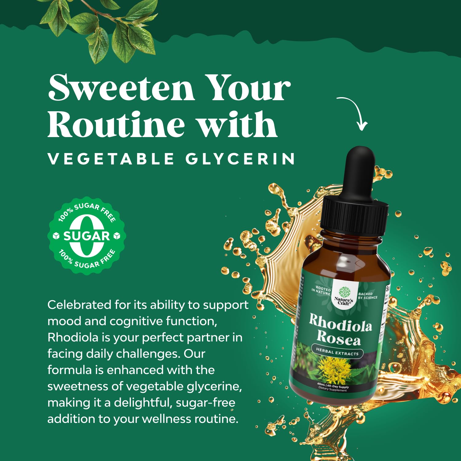 Natures Craft rhodiola tincture dropper cap for precise dosing.