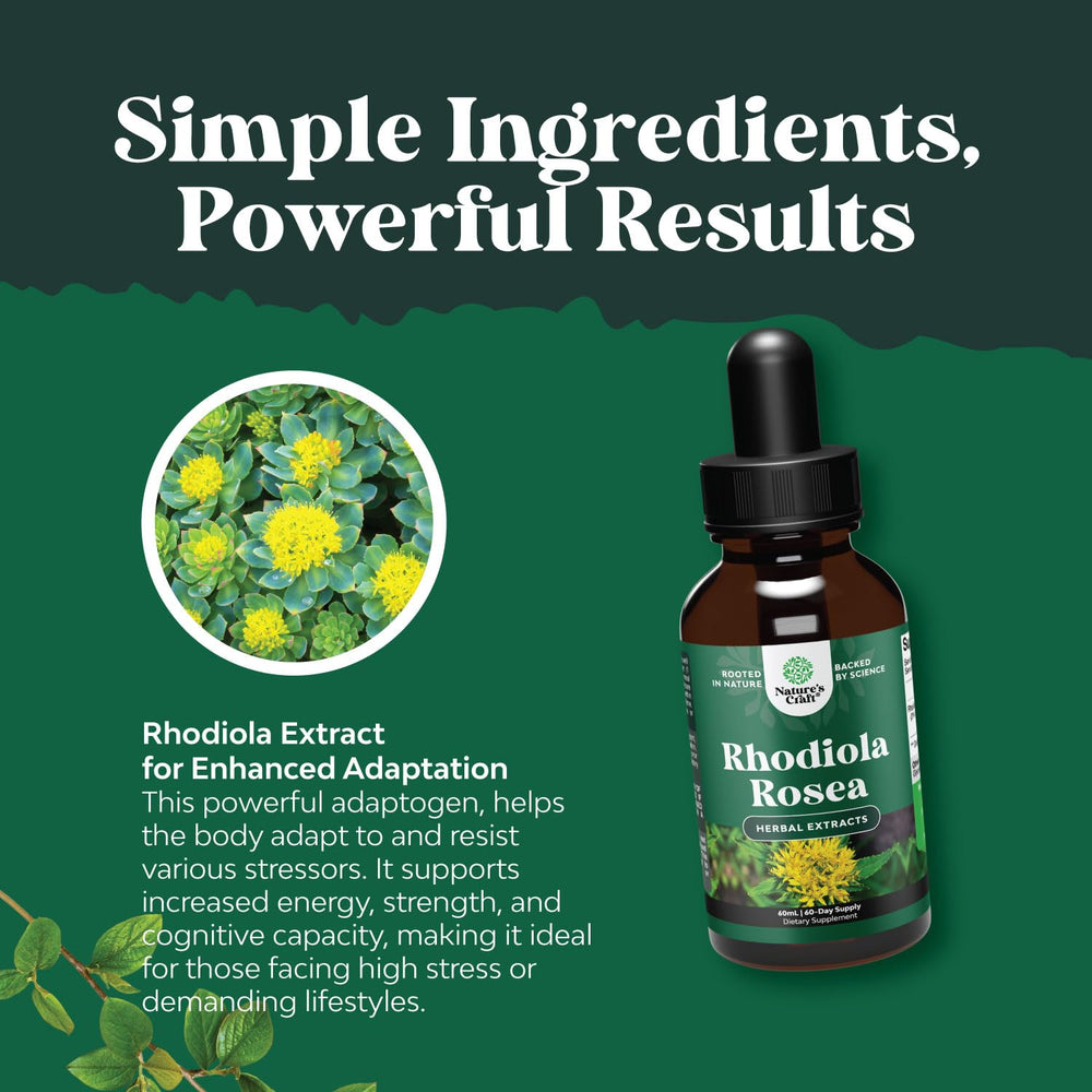 Natures Craft rhodiola tincture glass dropper with liquid for easy use.