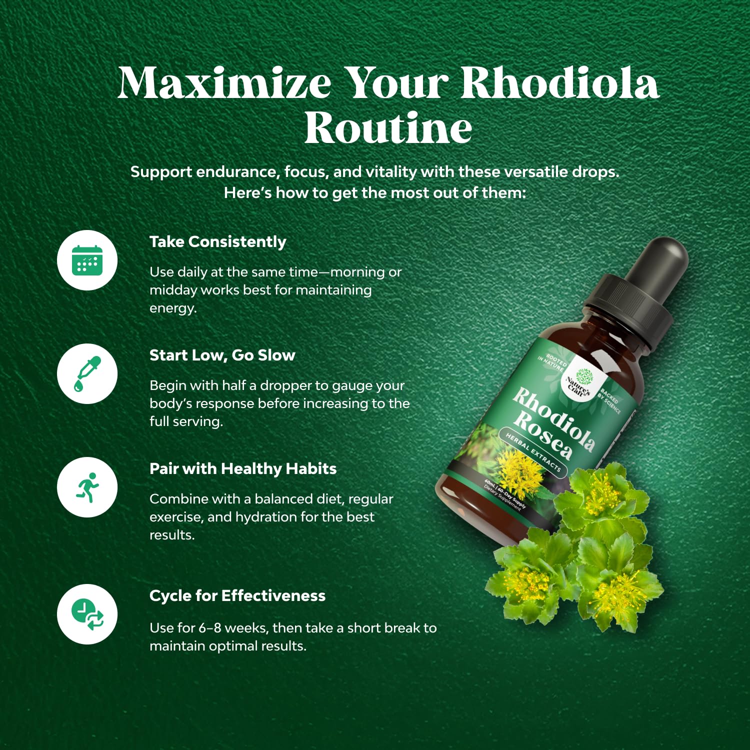 Natures Craft rhodiola tincture label close-up highlights ingredients.