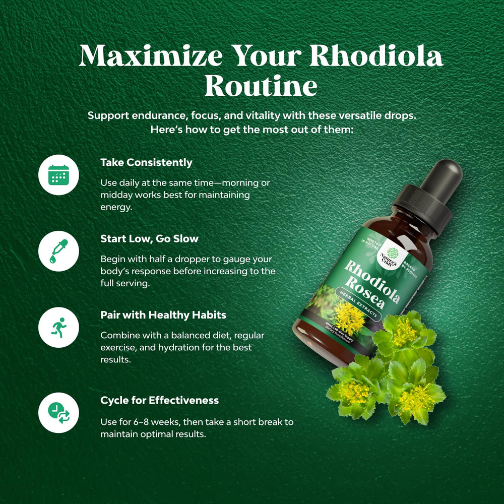 Natures Craft rhodiola tincture label close-up highlights ingredients.
