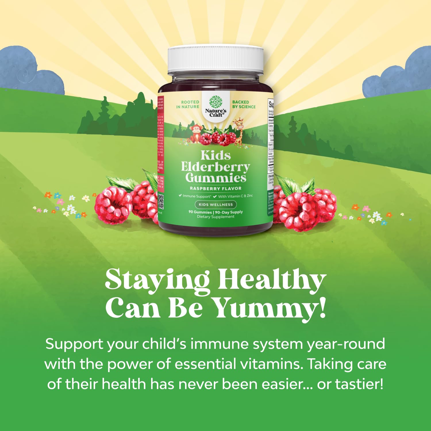 Label highlights elderberry and vitamins on Natures Craft kids gummies.