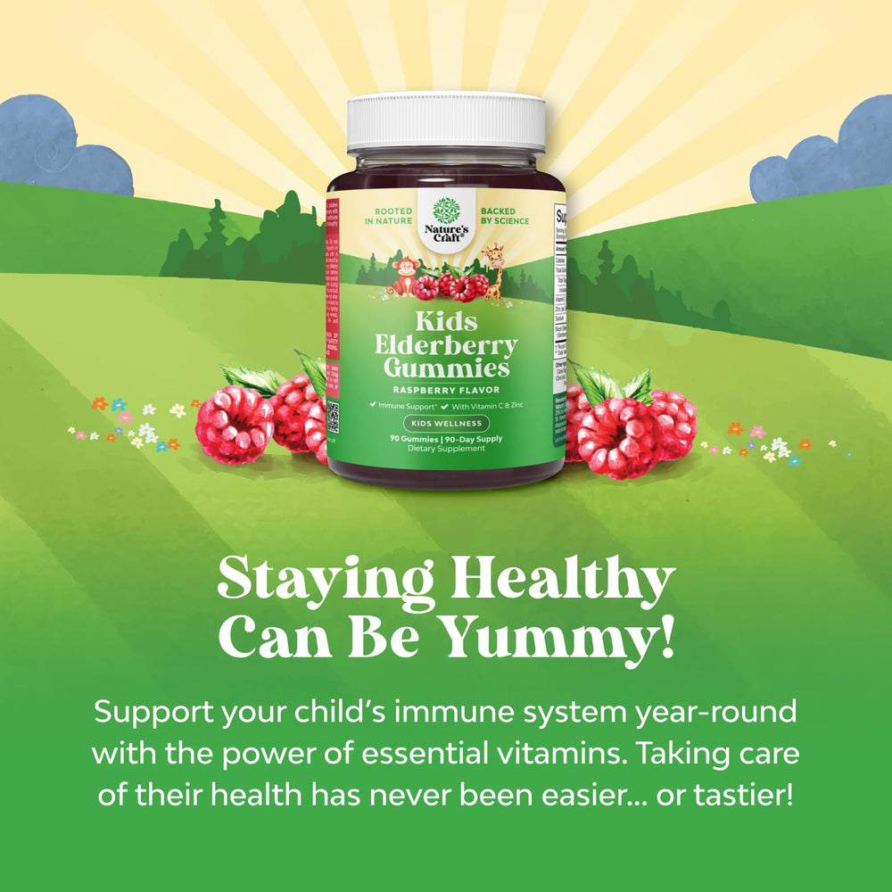 Label highlights elderberry and vitamins on Natures Craft kids gummies.