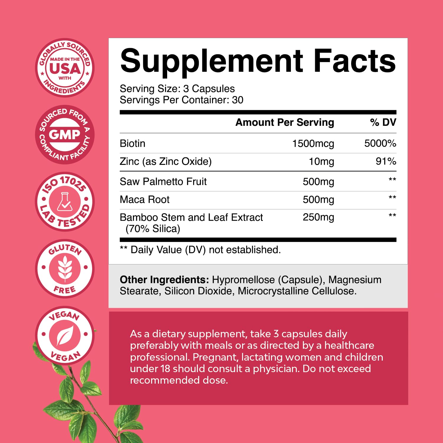 Natures Craft label closeup on saw palmetto capsules with maca and biotin ingredients