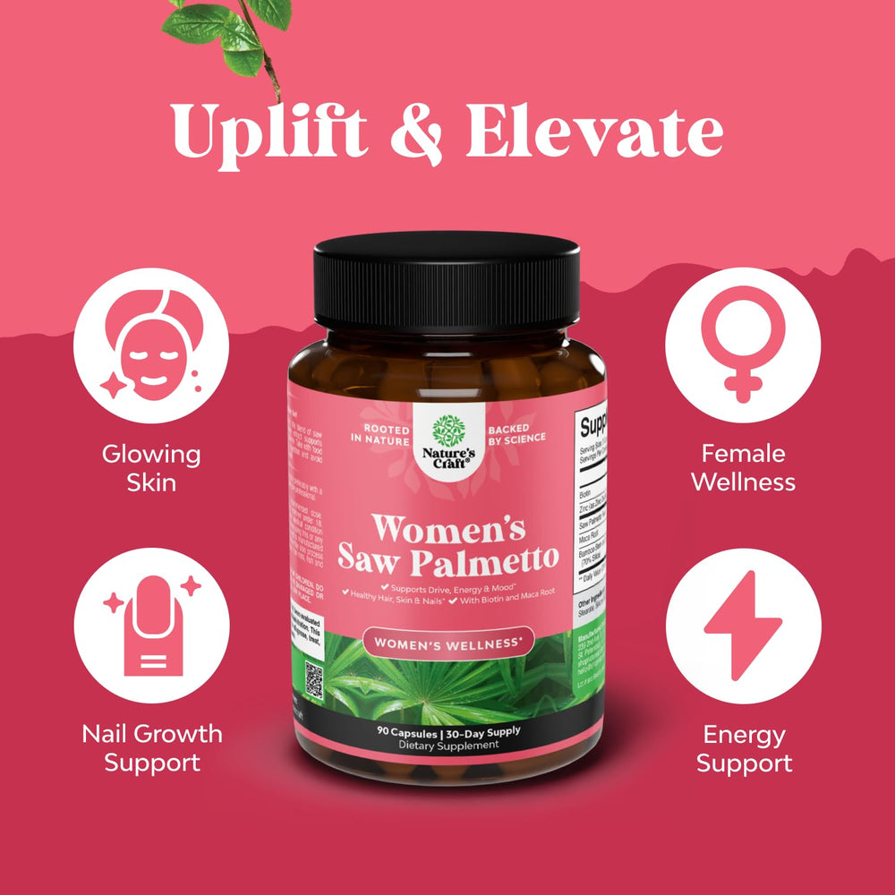 Natures Craft bottle with maca root and biotin imagery emphasizing added hair vitamins