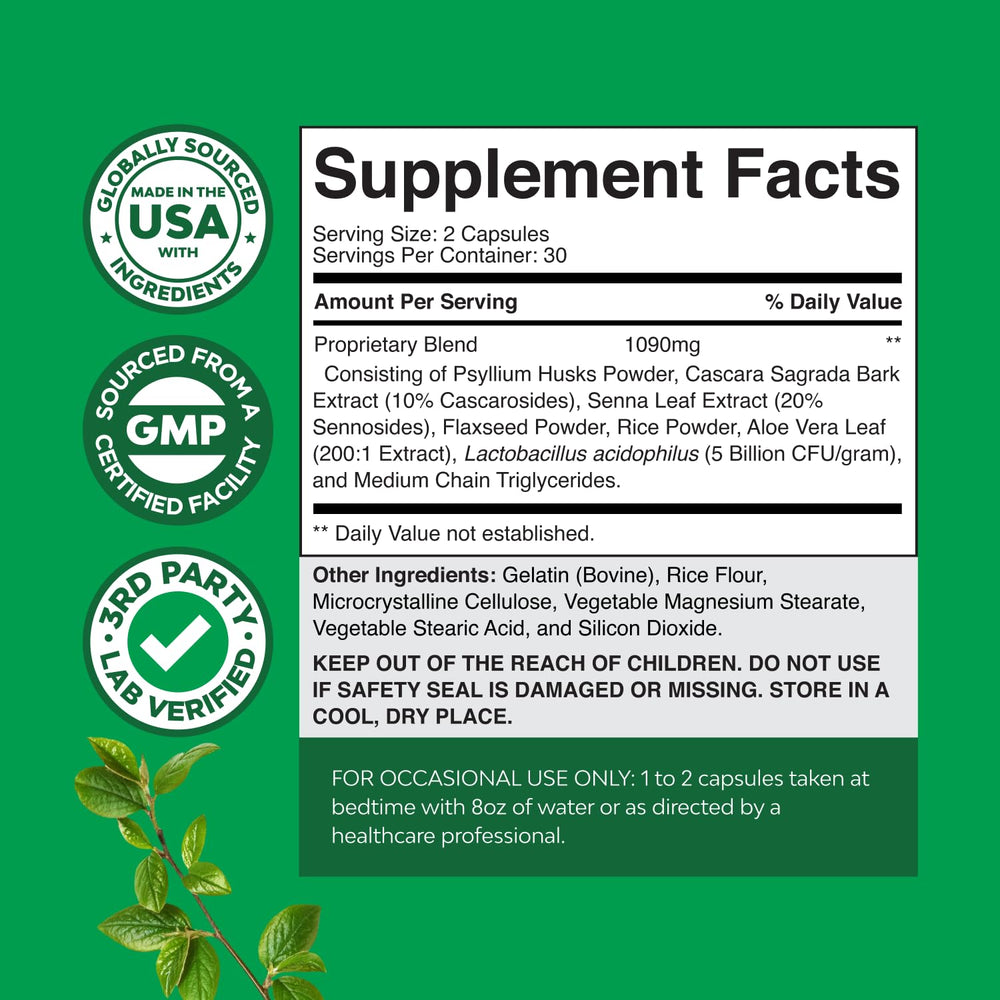 Natures Craft Senna leaf and psyllium blend capsules close-up emphasizing natural ingredients