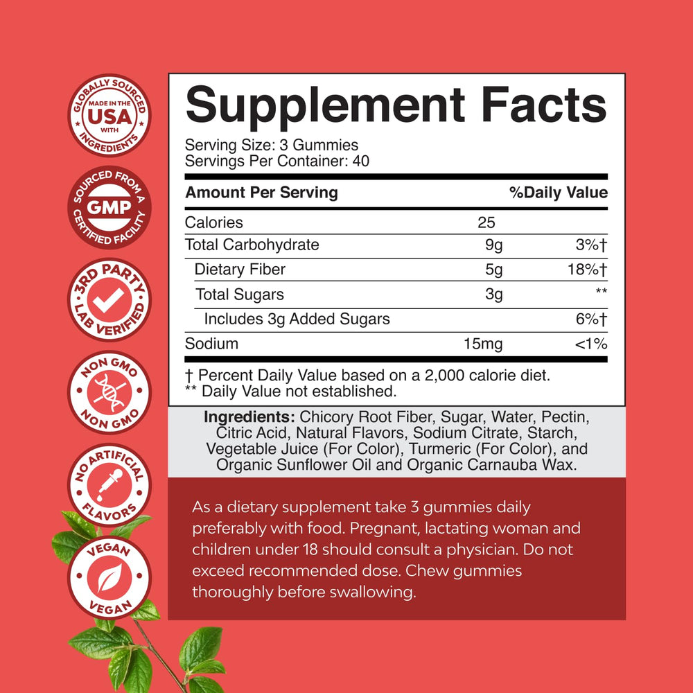 Nature's Craft bottle back label details ingredients and vegan, non-GMO fiber for daily support.