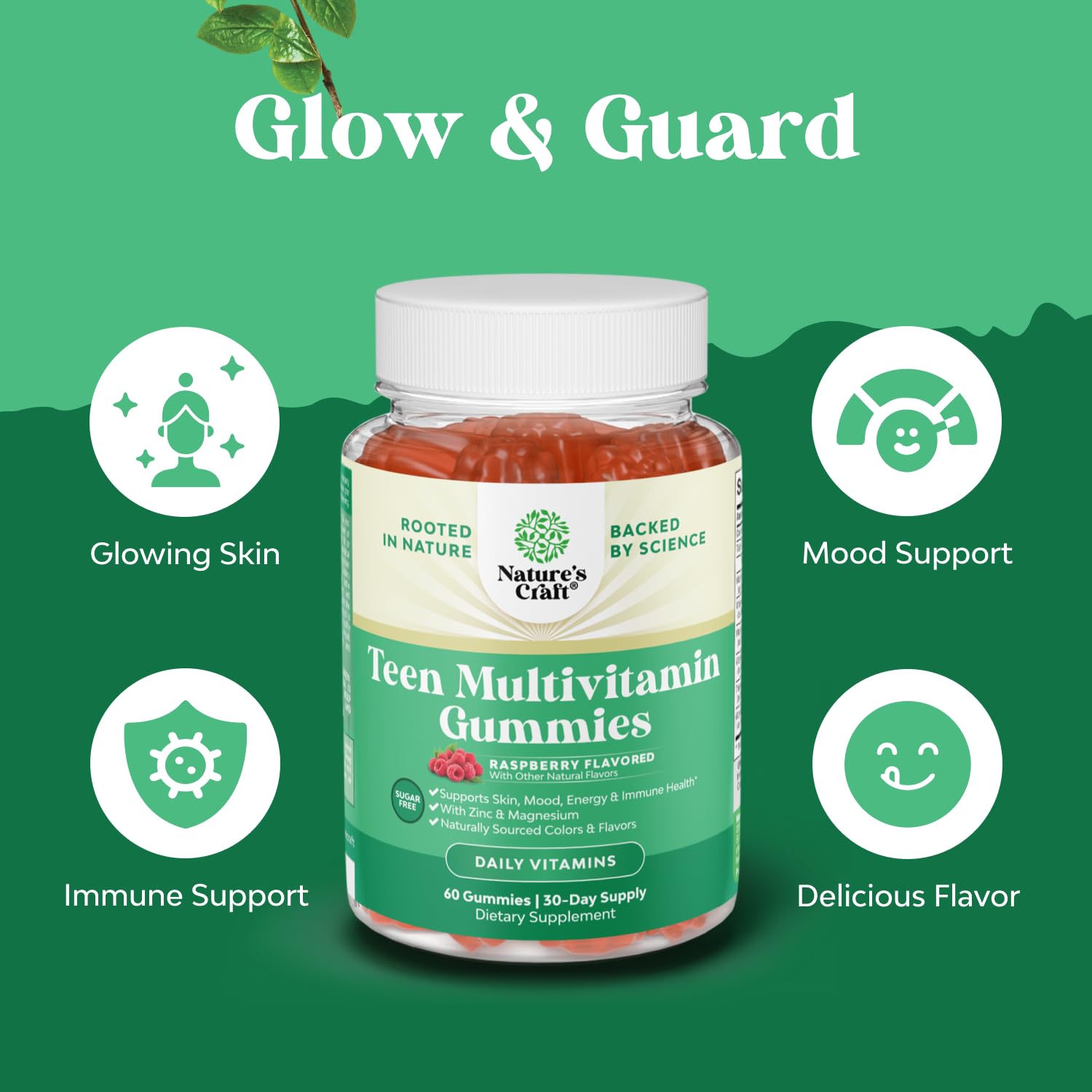 Natures Craft Teen Multivitamin Gummies zinc and magnesium content highlighted for teen nutrition.