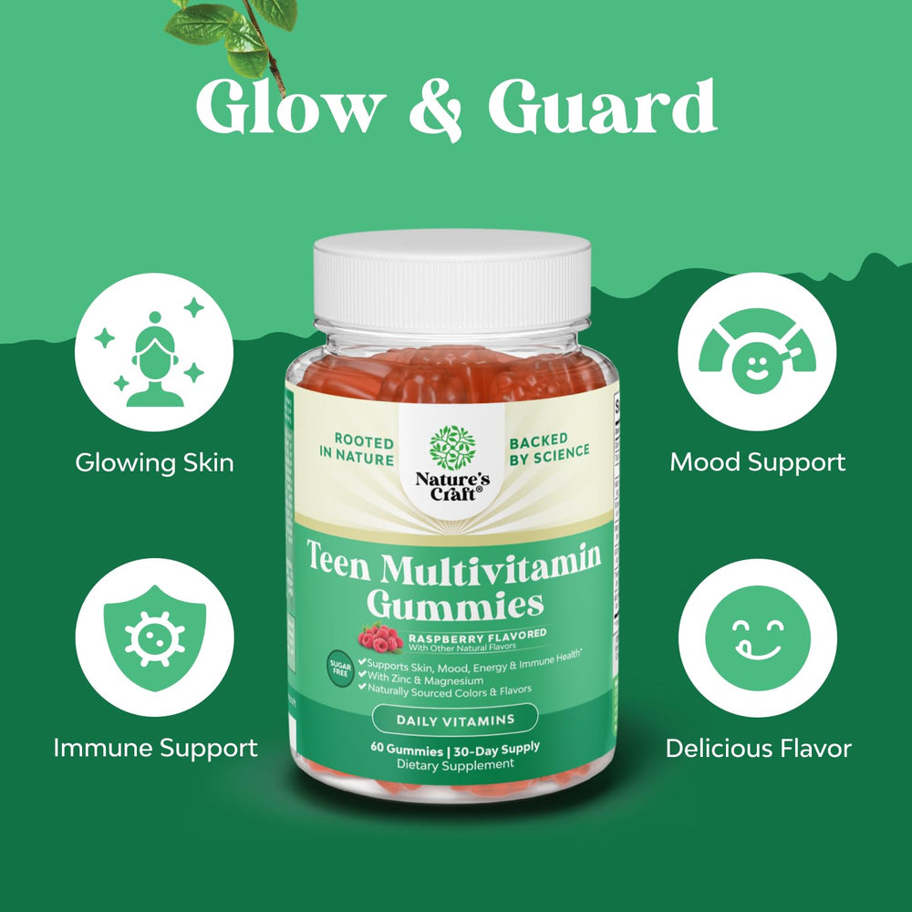 Natures Craft Teen Multivitamin Gummies zinc and magnesium content highlighted for teen nutrition.