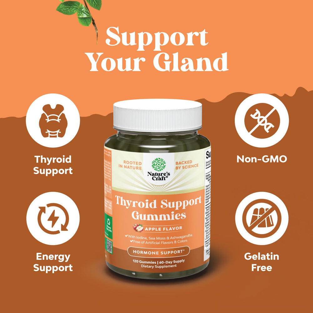 Natures Craft gelatin-free thyroid gummies packaging with non-GMO claim.