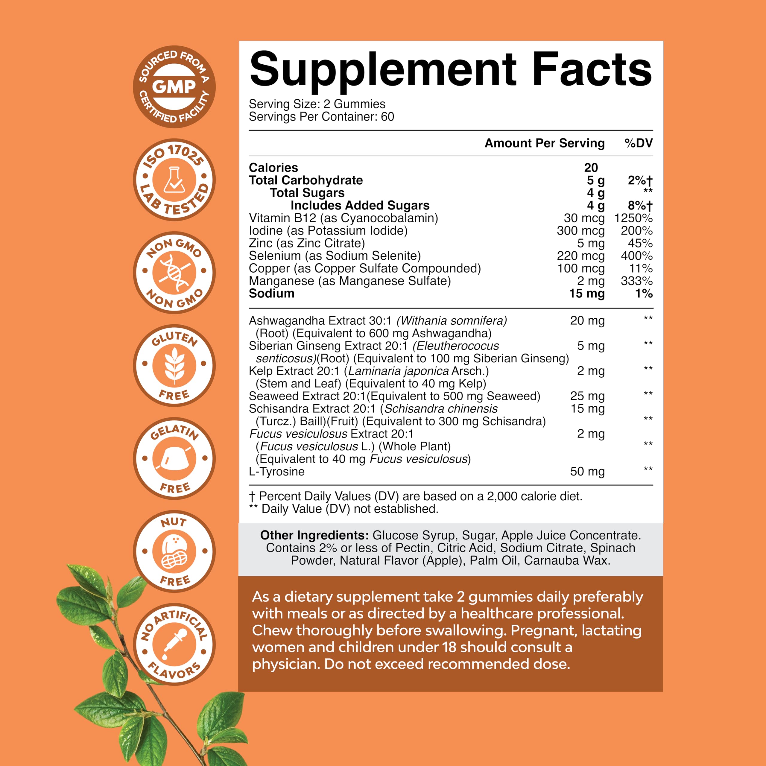 Natures Craft thyroid gummies iodine and selenium ingredients panel close-up.