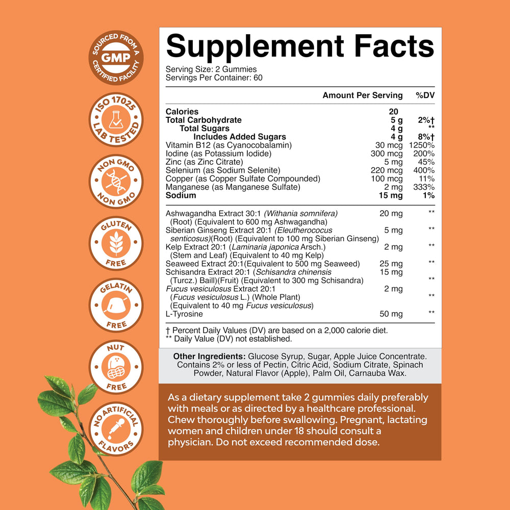 Natures Craft thyroid gummies iodine and selenium ingredients panel close-up.