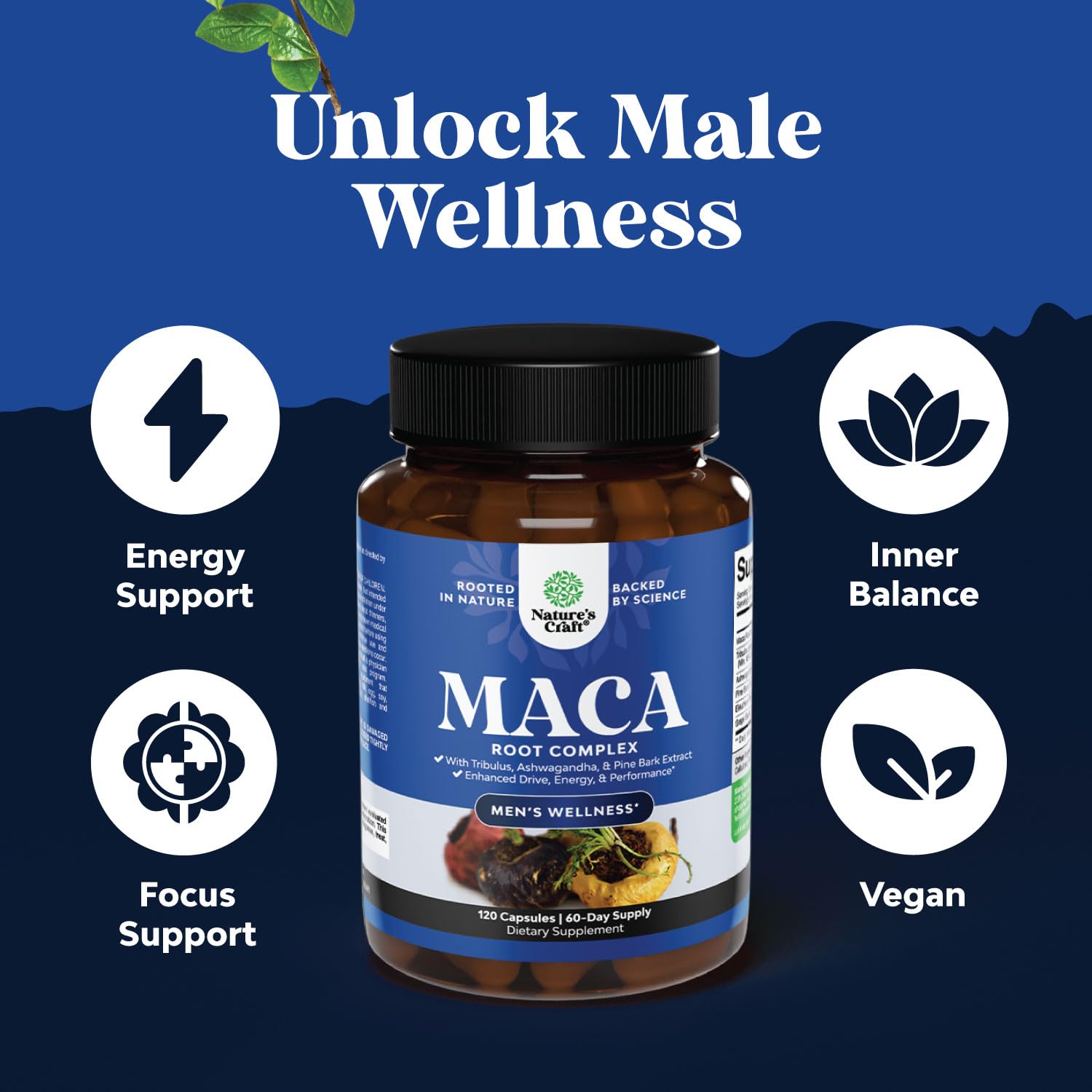 Nature's Craft Tribulus blend close-up highlighting herbal synergy for vitality.