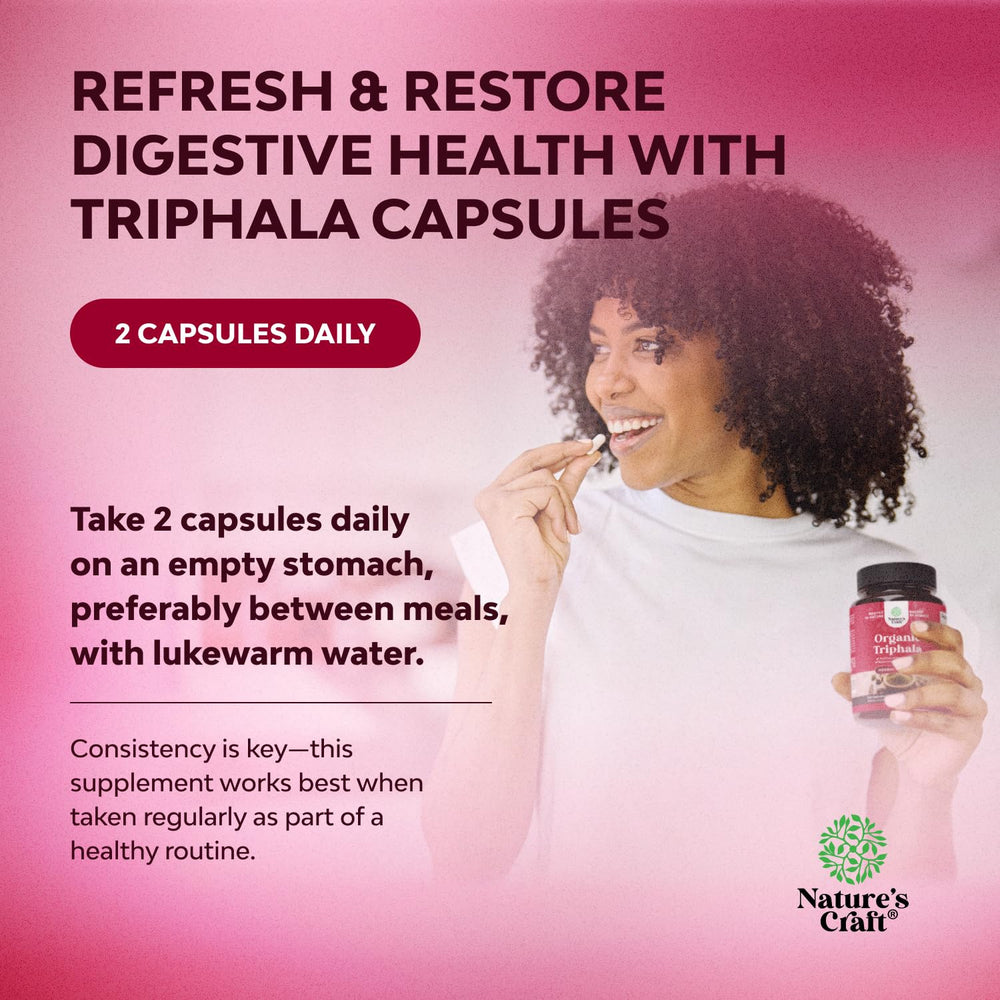 Natures Craft Triphala label on bottle highlighting organic ingredients