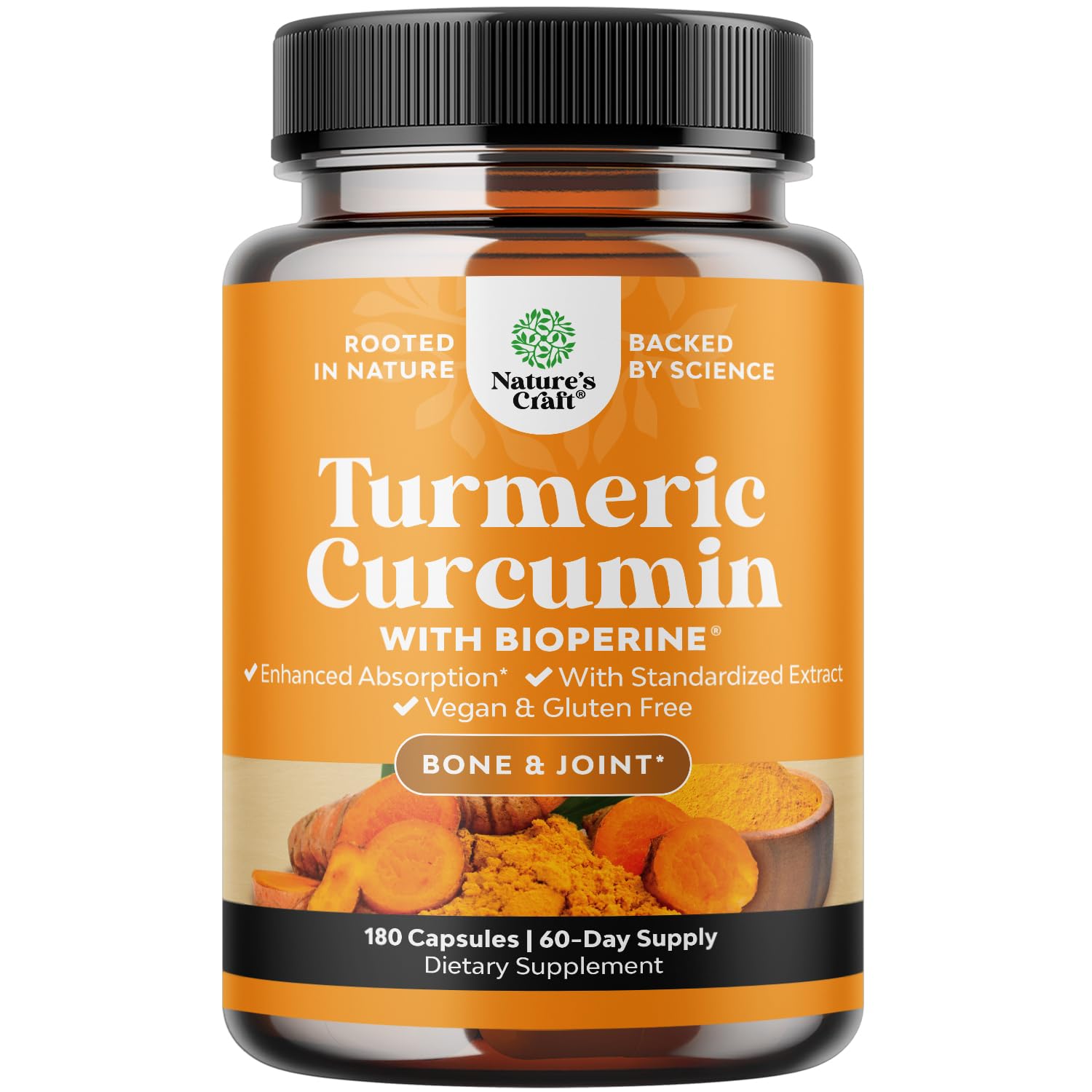 Natures Craft turmeric-curcumin bottle front view supports daily joint comfort.