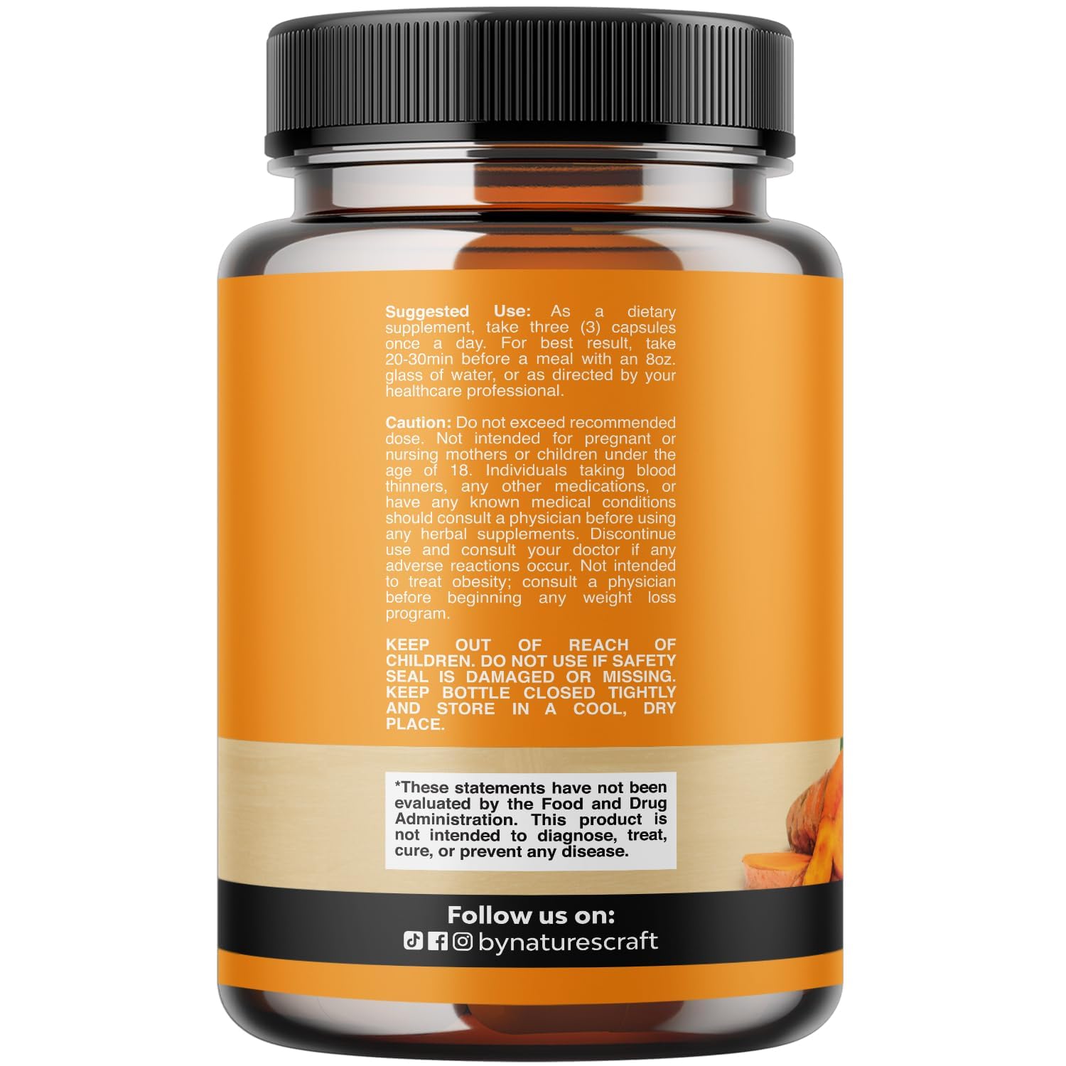 Natures Craft turmeric-curcumin capsules close-up shows 95% curcuminoids for antioxidant support.