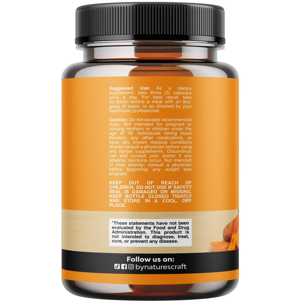 Natures Craft turmeric-curcumin capsules close-up shows 95% curcuminoids for antioxidant support.