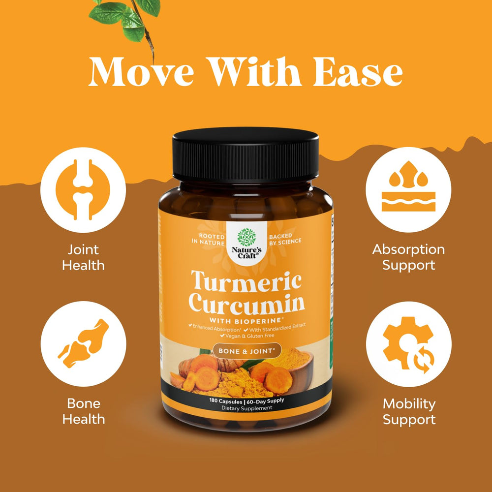 Natures Craft turmeric-curcumin label detail highlights Bioperine for absorption.