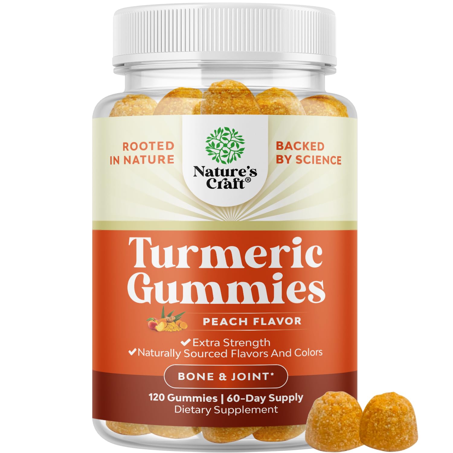 Natures Craft Turmeric Gummies peach bottle shows easy daily joint support.